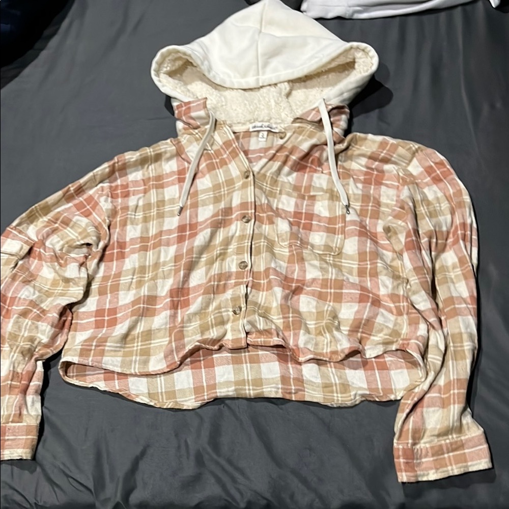 Cropped Plaid Button-Up Hoodie